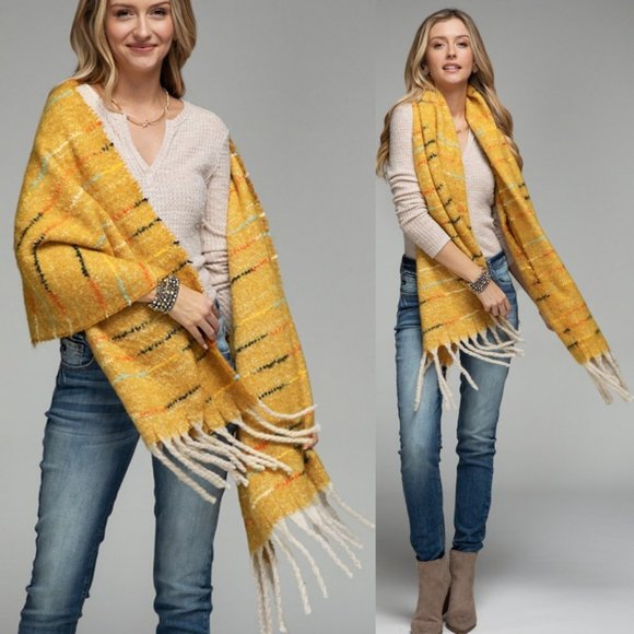 LF Accessories - NEW Colorful Stitch with Metallic Glitz Soft Fringe Tassel Oblong Scarf Mustard